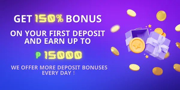 Promo banner with a gift box and gold coin offering a 150 percent first deposit bonus of up to 15,000 pesos