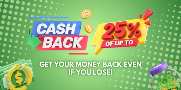 Green cashback banner offering 25 percent money back, shown with 3D coins and a money bag